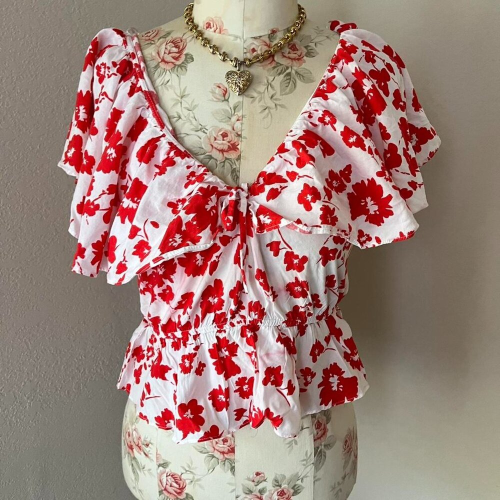 Zara white floral ruffle top xs